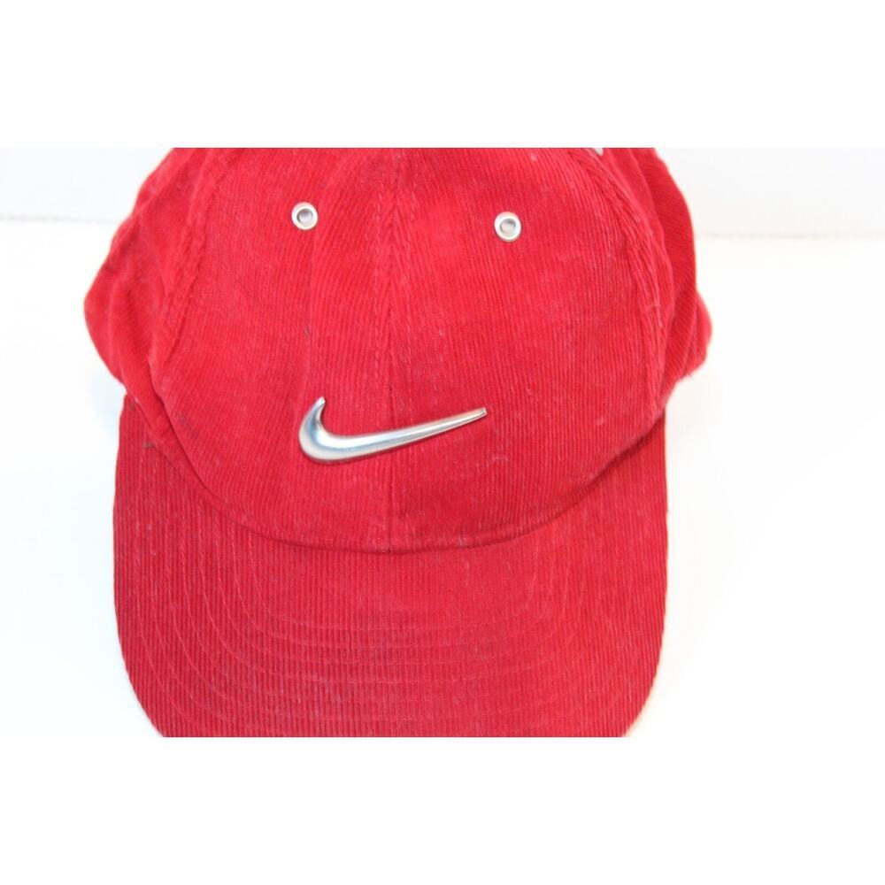 VTG NIKE Y2K Corduroy Baseball Hat Red Cap Silver Center Swoosh Check OS H12184 - Picture 2 of 7